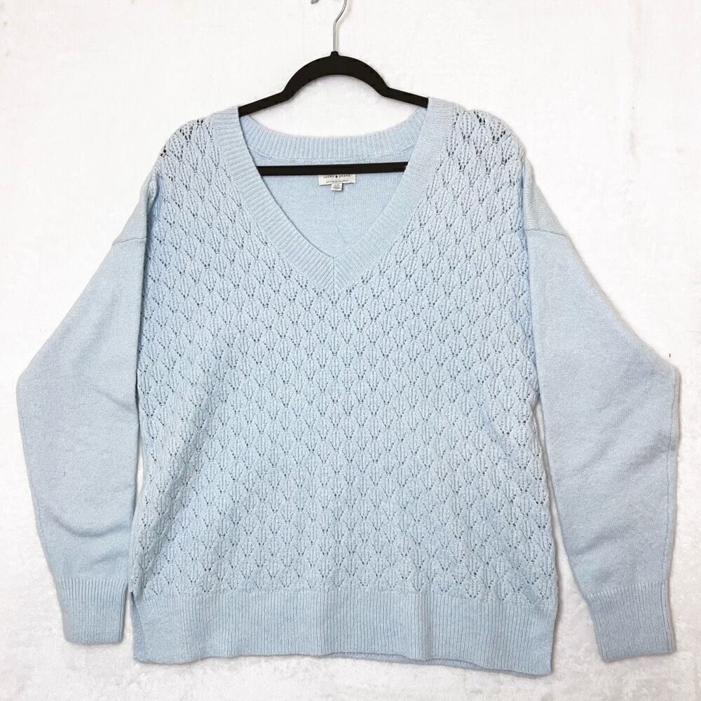 Lucky Brand Light Blue Open Knit V-Neck Cozy Sweater Size L NWOT